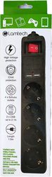 LAMTECH 4WAY SURGE PROTECTOR WITH 2XUSB 4XSCHUKO BLACK 1.5M LAM111931
