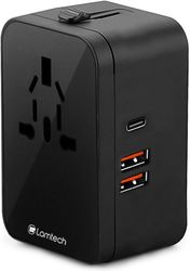LAMTECH UNIVERSAL POWER TRAVEL ADAPTER 2XUSB 1XTYPE-C 20W BLACK