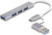 DELOCK USB 3.0 HUB 4 ΘΥΡΩΝ ΜΕ ΣΥΝΔΕΣΗ USB-A / USB-C ΓΚΡΙ (64214)