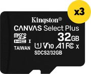 KINGSTON 3 X KINGSTON SDCS2/32GBSP CANVAS SELECT PLUS 32GB MICRO SDHC 100R A1 C10 BULK