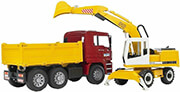 BRUDER BRUDER MAN TGA TIPPING TRUCK (RED/YELLOW, WITH LIEBHERR SHOVEL EXCAVATOR)