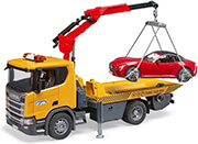 BRUDER SCANIA SUPER 560R TOW TRUCK WITH LIGHT &amp; SOUND MODULE AND ROADSTER