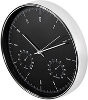 SILENT WALL CLOCK 12” 30CM SILVER /BLACK WITH THERMOMETER AND HYGROMETER