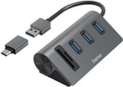 HAMA 200140 USB HUB/CARD READER, 5 PORTS, 3X USB-A, SD, MICROSD, INCL. USB-C ADAPTER
