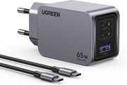 UGREEN WALL CHARGER X755 NEXODE PRO 65W 3A 1 X USB-A + 2 X TYPE-C WITH TYPE-C CABLE GREY