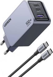 UGREEN WALL CHARGER X757 NEXODE PRO 100W 3A 1 X USB-A - 2 X TYPE-C WITH TYPE-C CABLE GREY