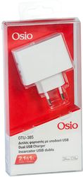OSIO OTU-385W ΛΕΥΚΟ ΔΙΠΛΟΣ ΦΟΡΤΙΣΤΗΣ ΡΕΥΜΑΤΟΣ ΜΕ 2 USB ΚΑΙ LED 5 V 1000 / 2100 MA