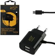 NSP NSP TN228 ΜΑΥΡΟΣ ΦΟΡΤΙΣΤΗΣ ΤΑΞΙΔΙΟΥ DUAL USB-A ΜΕ ΕΝΣΩΜΑΤΩΜΕΝΟ ΚΑΛΩΔΙΟ TYPE-C 2800MAH