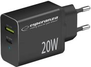 ESPERANZA EZC105K QUICK POWER CHARGER 20W USB-C PD 20W / USB-A QC 3.0 18W BLACK
