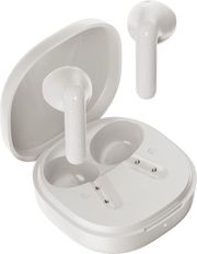 QCY AIR WHITE SEMI-EAR TWS EARBUDS, QUAD MIC ENC MULTI-POINT CONNECTION, LEATHER GRAIN CASE