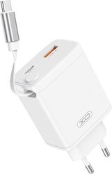 XO WALL CHARGER CE31 1X USB 1X USB-C 30W WHITE WITH RETRACTABLE USB-C CABLE