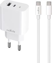 MAXLIFE MAXLIFE MXTC-06-30AC PD QC CHARGER 1X USB-C 1X USB 30W WHITE + USB-C - USB-C CABLE 60W