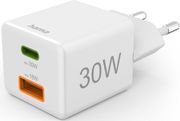 HAMA FAST CHARGER, 1X USB-C, 1X USB-A, MINI CHARGER, PD, 30 W, WHITE