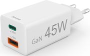 HAMA FAST CHARGER, 1X USB-C, 1X USB-A, MINI CHARGER, PD, 45 W, WHITE