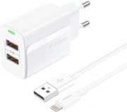 TRAVEL FAST CHARGER FONENG EU63 WITH 2 OUTPUT 2XUSB A 12W 2.4A &amp; USB A TO LIGHTNING CABLE 1M WHITE