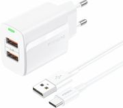 TRAVEL FAST CHARGER FONENG EU63 WITH DUAL OUTPUT 2XUSB A 12W 2.4A &amp; USB A TO USB C CABLE 1M WHITE