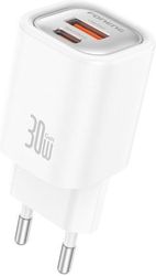 TRAVEL FAST CHARGER FONENG EU71 WITH DUAL OUTPUT USB A &amp; USB C GAN PD 30W 3A WHITE
