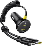 BASEUS CAR CHARGER CIRCULAR 60W 3A 1 X USB-A - 1 X TYPE-C WITH TYPE-C / LIGHTNING CABLE BLACK