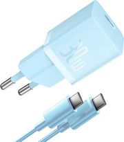 BASEUS WALL CHARGER GAN MINI 1C 30W 3A 1 X TYPE-C WITH TYPE-C CABLE BLUE P10110902313-00