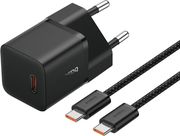 BASEUS WALL CHARGER GAN5 20W 3A 1 X TYPE-C WITH TYPE-C CABLE BLACK P10110900113-00