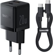 BASEUS WALL CHARGER PALM 20W 3A 1 X USB-A - 1 X TYPE-C WITH TYPE-C CABLE BLACK