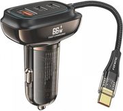 CAR FAST CHARGER FONENG C20 WITH TRIPLE OUTPUT USB A &amp; 2XUSB C 66W &amp; BUILT-IN USB C CABLE BLACK