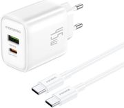 TRAVEL FAST CHARGER FONENG EU67 WITH DUAL OUTPUT USB A &amp; USB C GAN 45W &amp; USB C TO USB C CABLE WHITE
