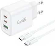 TRAVEL FAST CHARGER FONENG GAN10-EU 3 OUTPUT USB A &amp; 2XUSB C 65W &amp; USB C TO USB C CABLE 1M WHITE