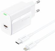 TRAVEL FAST CHARGER FONENG EU65 WITH OUTPUT USB C PD 20W 3A &amp; USB C TO LIGHTNING CABLE 1M WHITE