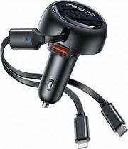 YESIDO Y61 CAR CHARGER 53W 3A 1 X USB-A WITH USB-C / LIGHTNING CABLE BLACK