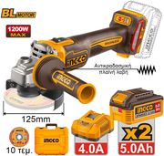 ΓΩΝΙΑΚΟΣ ΤΡΟΧΟΣ ΜΠΑΤΑΡΙΑΣ 125MM 20V LI-ION ΜΕ ΑΝΤΙΚΡΑΔΑΣΜΙΚΗ ΠΛΑΪΝΗ ΛΑΒΗ INGCO CAGLI2120272E