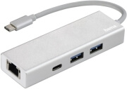 HAMA 135757 USB 3.1 TYPE-C HUB 1:3 ALUMINIUM 2X USB-A, USB-C, LAN, BUS-POWERED SILVER