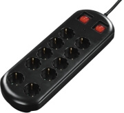 HAMA 137253 10-WAY POWER STRIP WITH 2 SWITCHES AND OVERVOLTAGE PROTECTION 2M BLACK