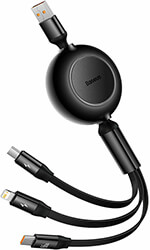 BASEUS BRIGHT MIRROR 3 RETRACTABLE TYPE-C 3-IN-1 CABLE MICRO+ USB-C + LIGHTNING 66W 3.5A 1.2M BLACK