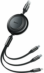 BASEUS BRIGHT MIRROR 2 RETRACTABLE TYPE-C 3-IN-1 CABLE MICRO USB + USB-C + LIGHTNING 3.5A 1.1M BLAC