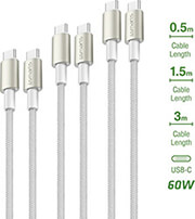 4SMARTS TYPE-C TO TYPE-C CABLE PREMIUMCORD 60W SET OF 3 PIECES 0.5M+1.5M+3M WHITE-SILVER