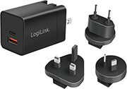 LOGILINK PA0301 DUAL USB SOCKET TRAVEL ADAPTER, 1X USB-A , 1X USB-C , 30W, BLACK